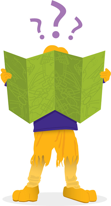 Illustration of the the Laurier golden hawk mascot, Midas, looking at a map with question marks above his head