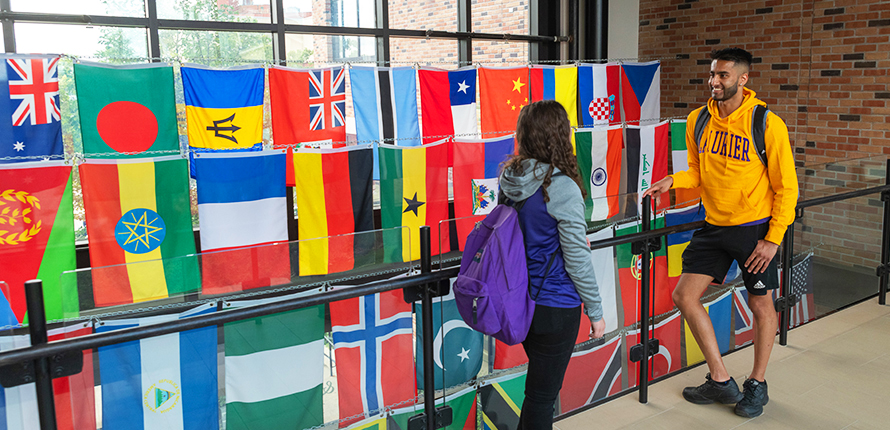 Students standing next to a wall of flags