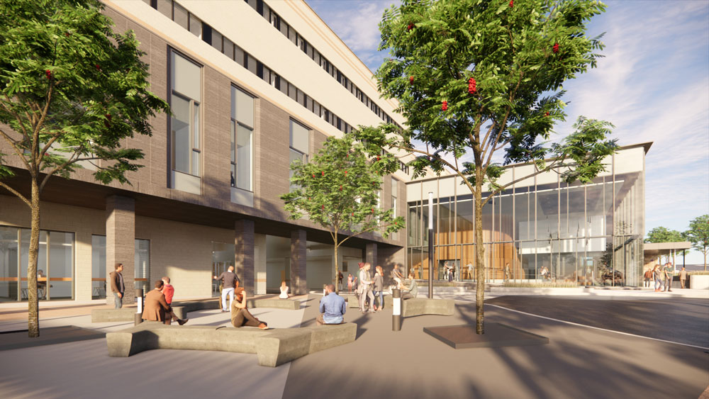 Frontage with plaza and trees