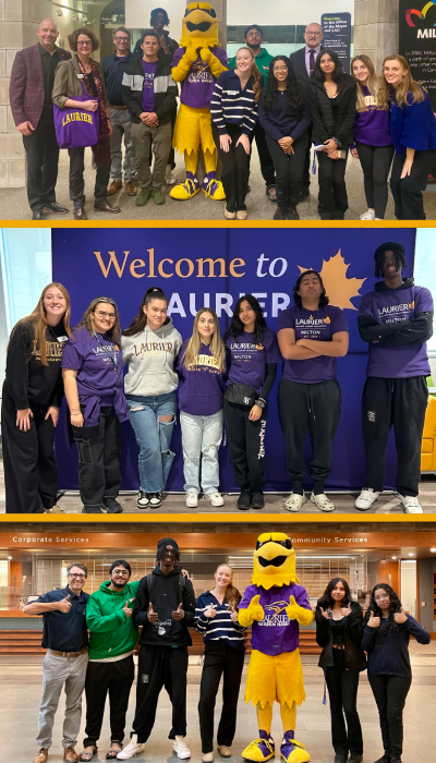 Collage of photos from laurier milton with mascot midas and students