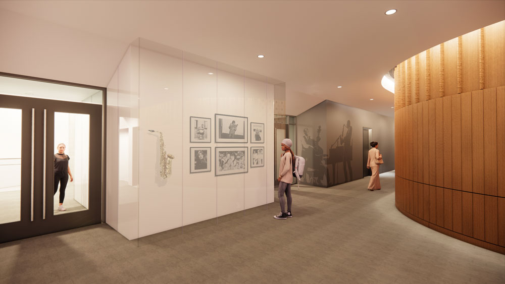 Interior lobby elevator and display area