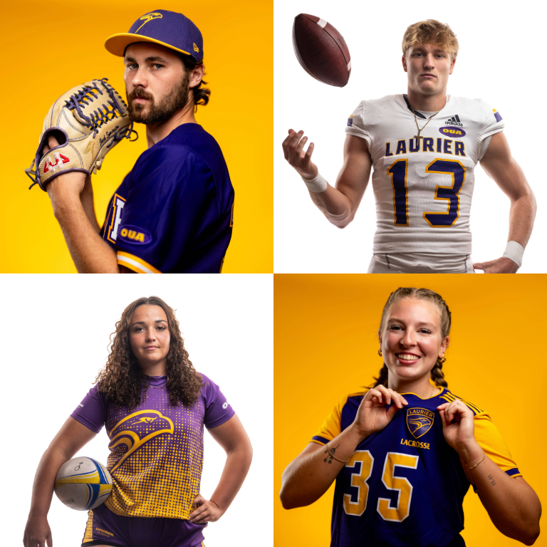 a composite image of four student-athletes in their Golden Hawks uniforms