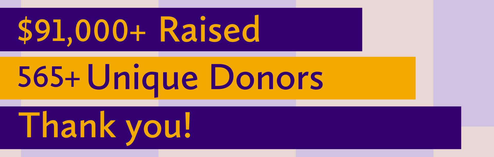 A banner that says: $91,000+ raised, 565+ unique donors. Thank you!