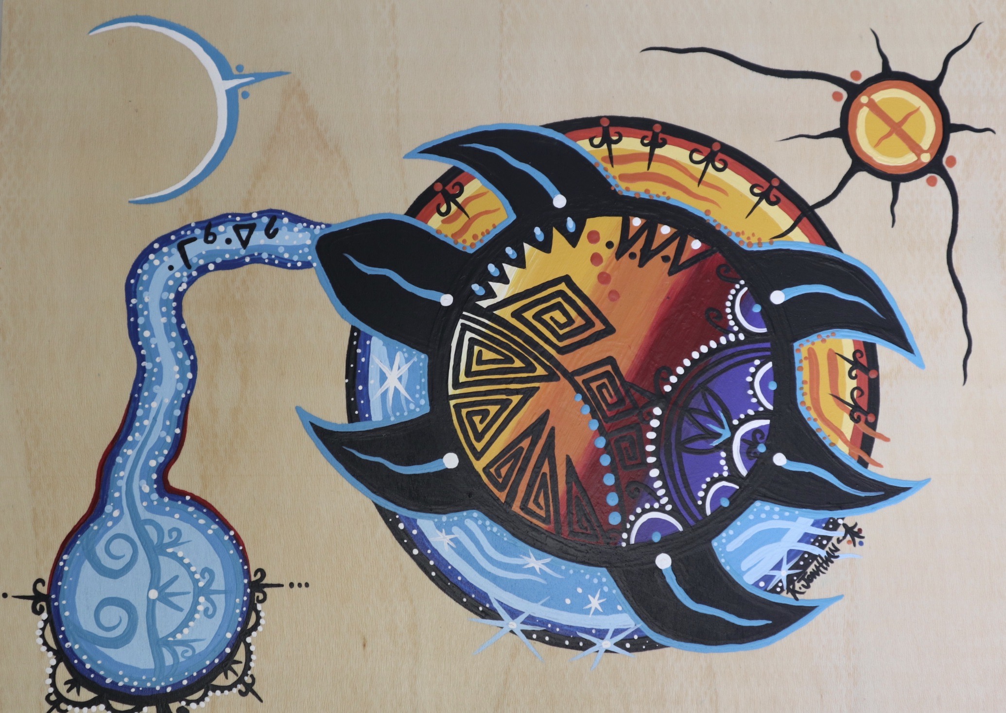 A painting of a turtle, sun, moon and river on wood. Painting by Indigenous artist Jessica Hill